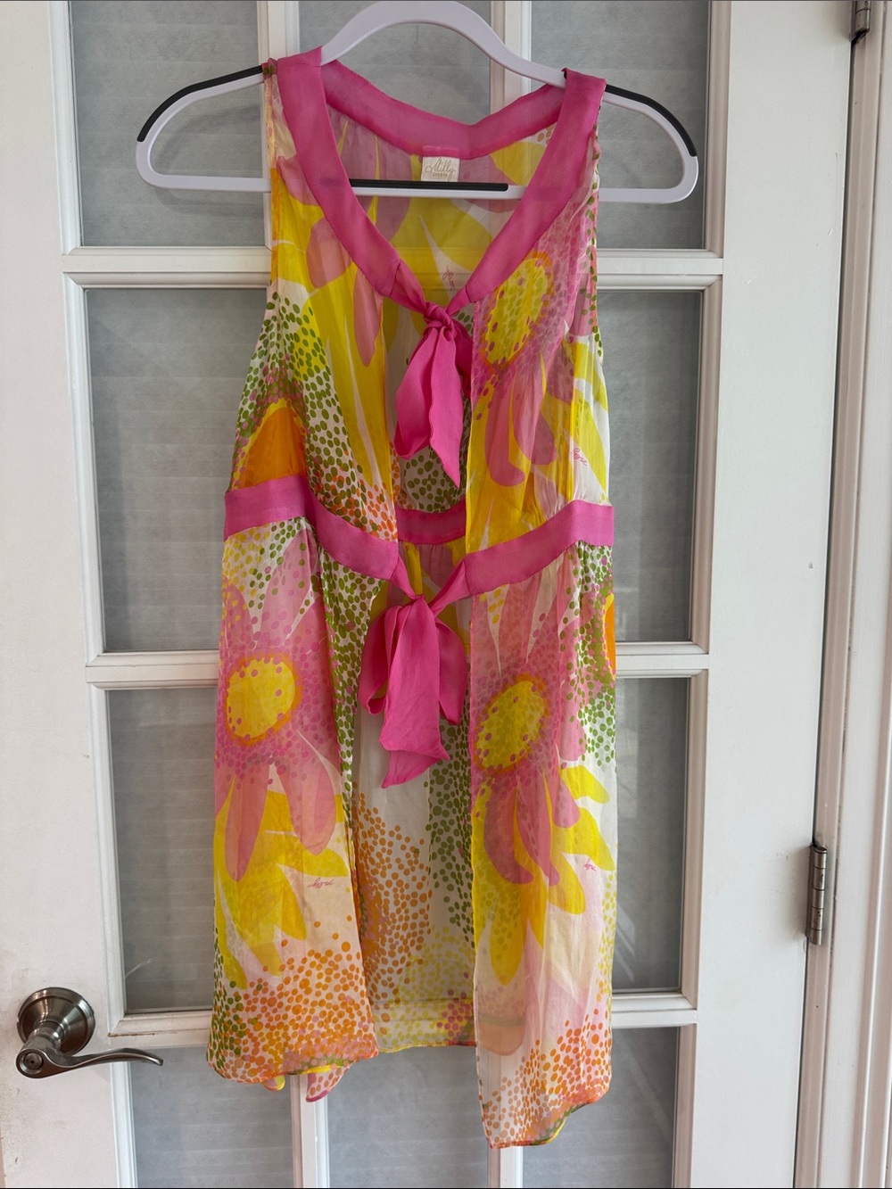 Milly Sheer Chiffon Cover Up Wrap Floral Pink Yellow Tie-Front 100% Silk Medium